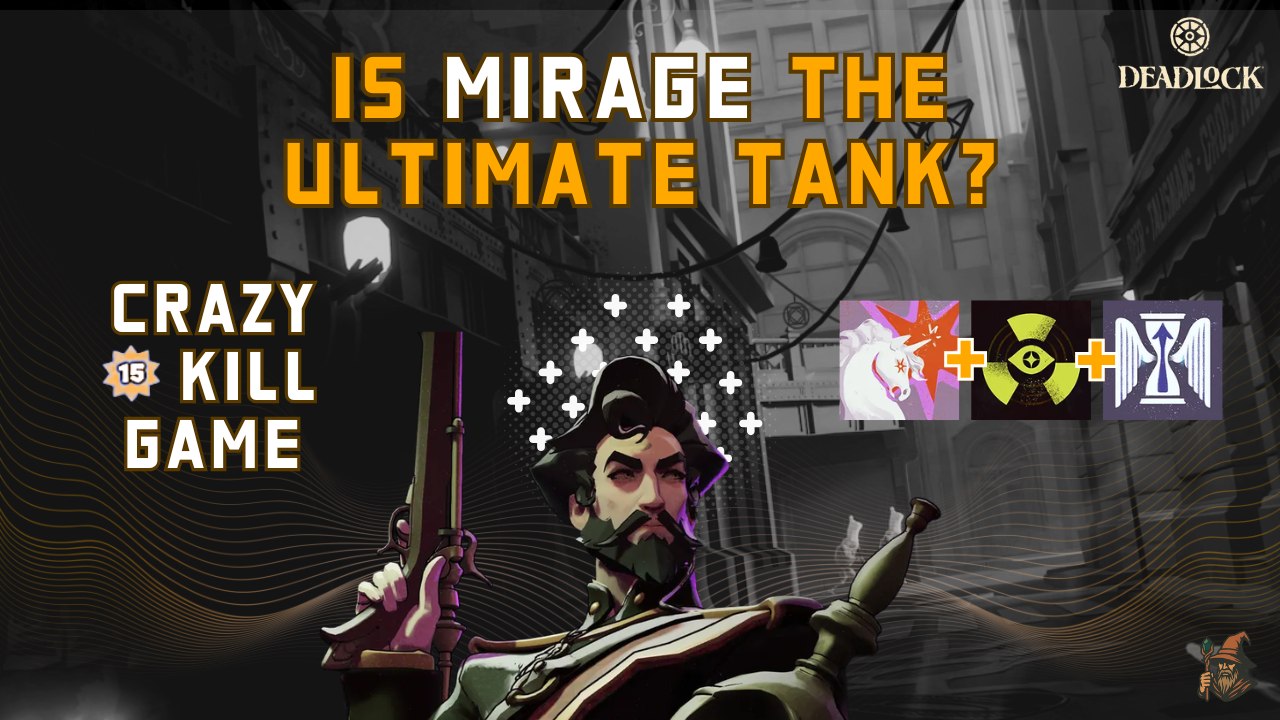 YouTube thumbnail: Is Mirage the Ultimate Tank, mustachioed character with pistol and item icons