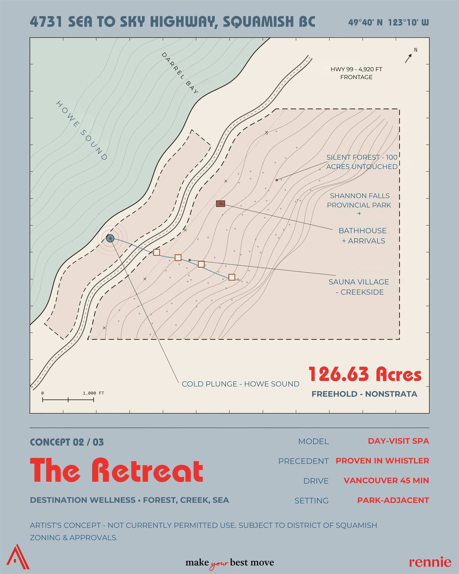 The Retreat: slate-blue map poster of a destination wellness concept with sauna village and cold plunge