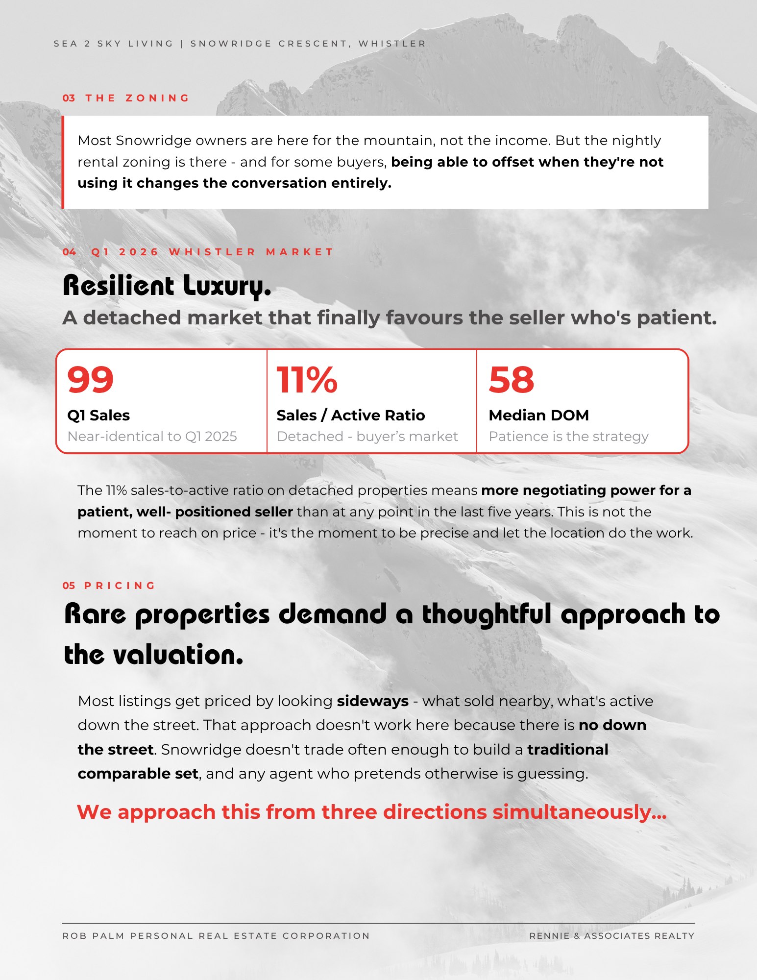 Deck page three: zoning callout and Q1 2026 Whistler market stats
