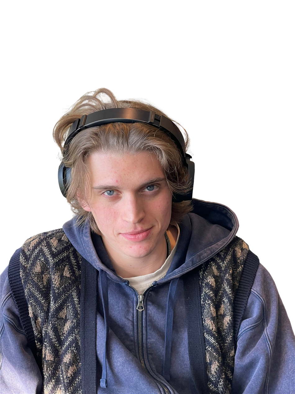 Binx, cut out with a transparent background, wearing headphones, looking up and to the side, breaking through his own name
