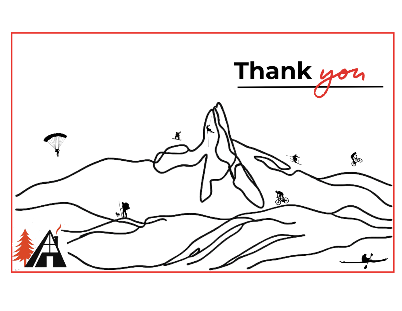 Thank-you card: continuous line drawing of Black Tusk with tiny skiers, climbers and a kayaker