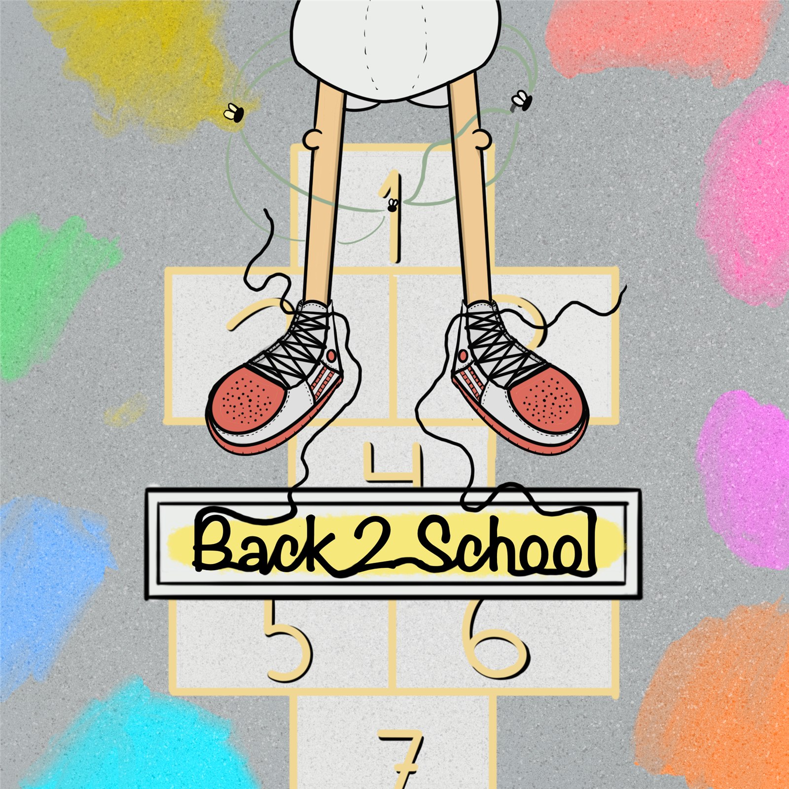Back 2 School illustration of sneakers dangling by their laces over a hopscotch grid