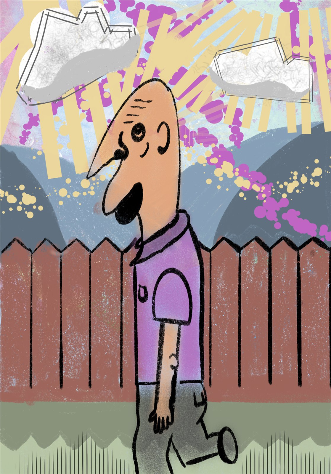 Stylized long-nosed cartoon figure in a purple shirt walking past a wooden fence under a sunburst sky