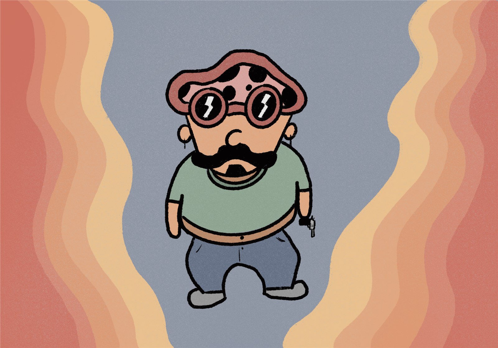 Cartoon character with round lightning-bolt goggles, a moustache and earrings