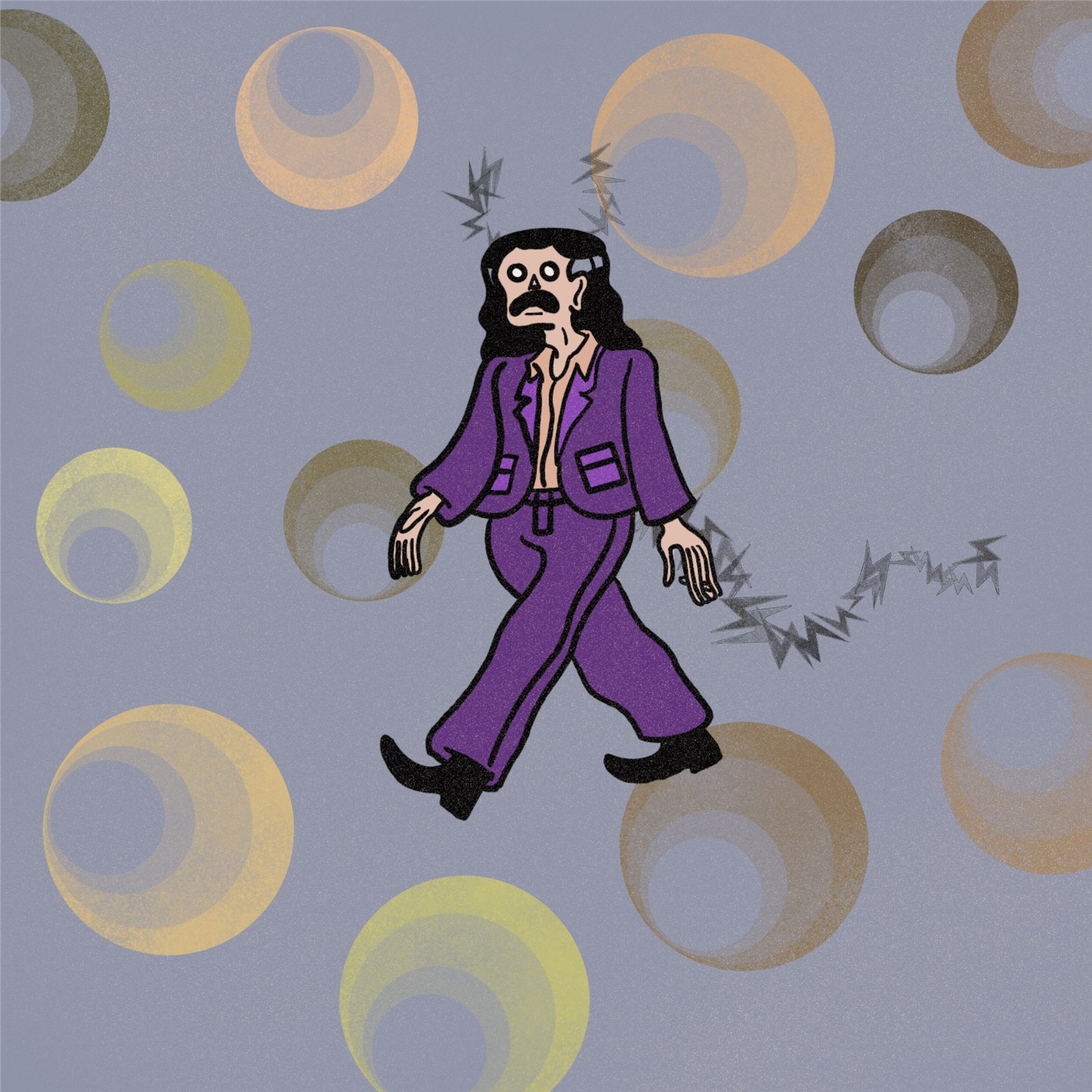 Psychedelic-style cartoon figure in a purple suit walking among glowing circles