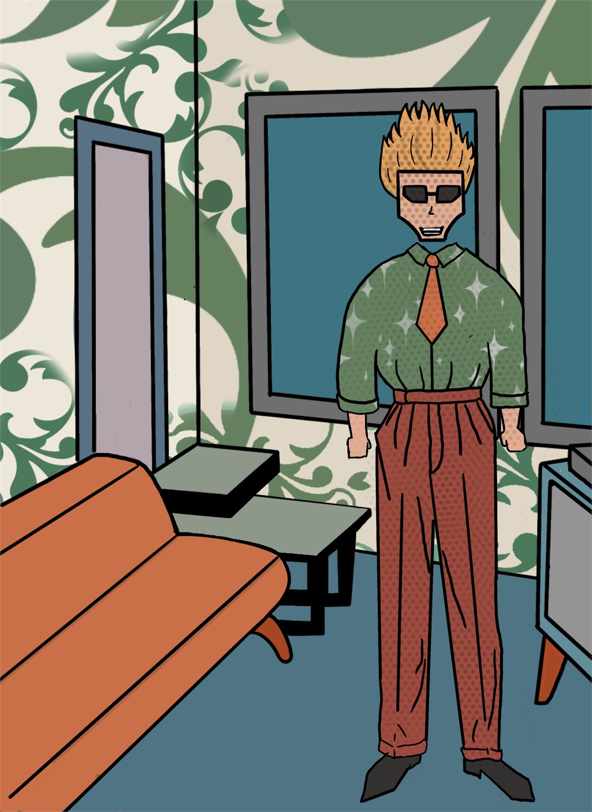 Retro mid-century style cartoon man with spiky blond hair and sunglasses in a green living room