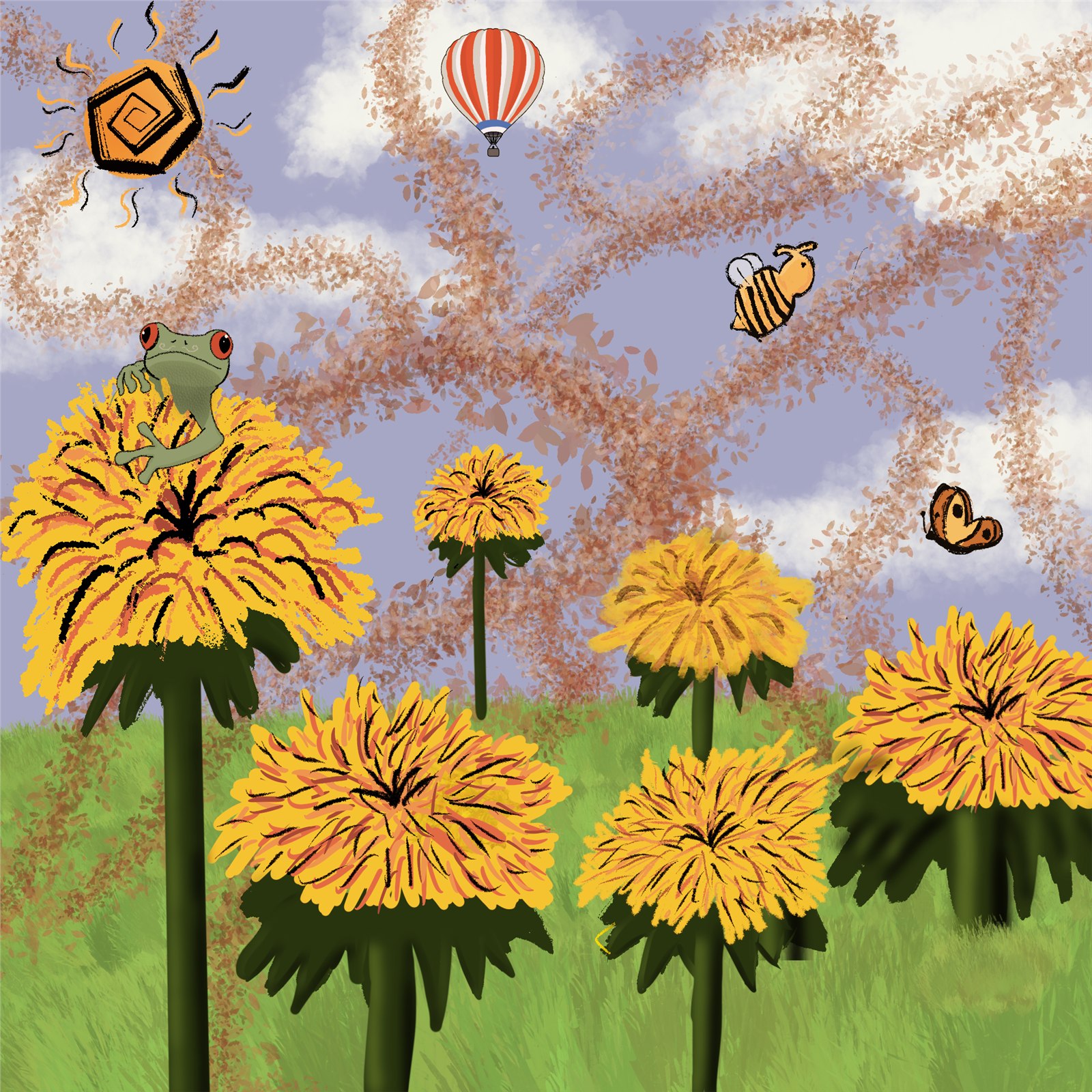 Illustrated field of dandelions with a frog, bee, butterfly, sun and hot-air balloon