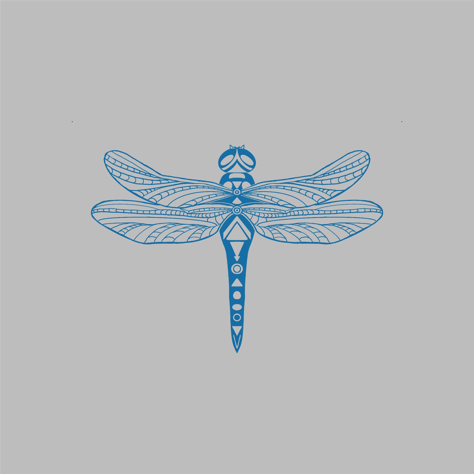 Detailed line-art dragonfly tattoo design with patterned wings and body