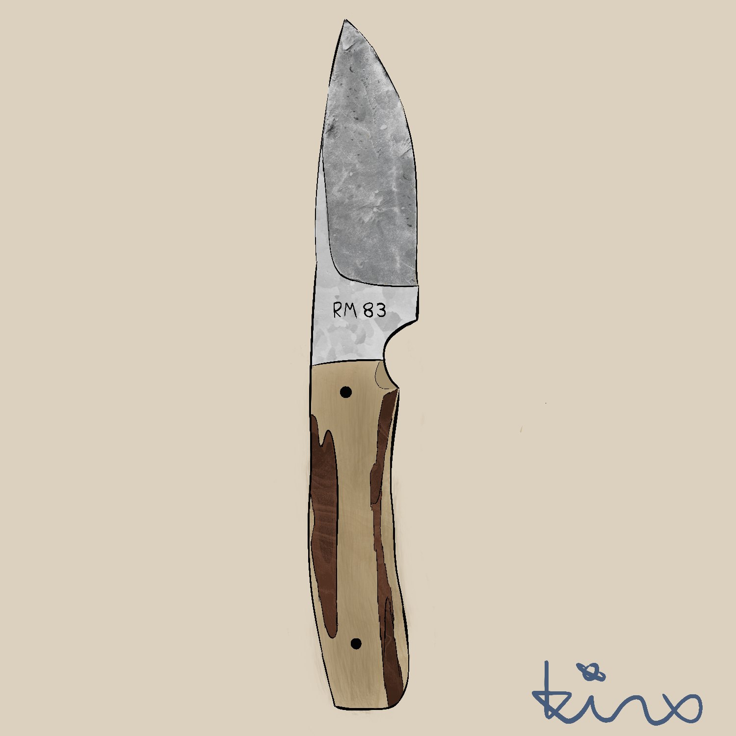 Hand-drawn illustration of a hunting knife with a wood handle, marked RM 83 and signed teinx