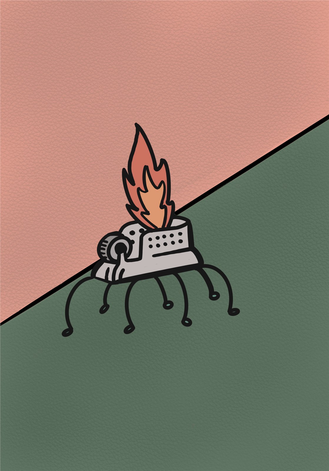 Illustration of a lit lighter against a diagonal pink and green split background