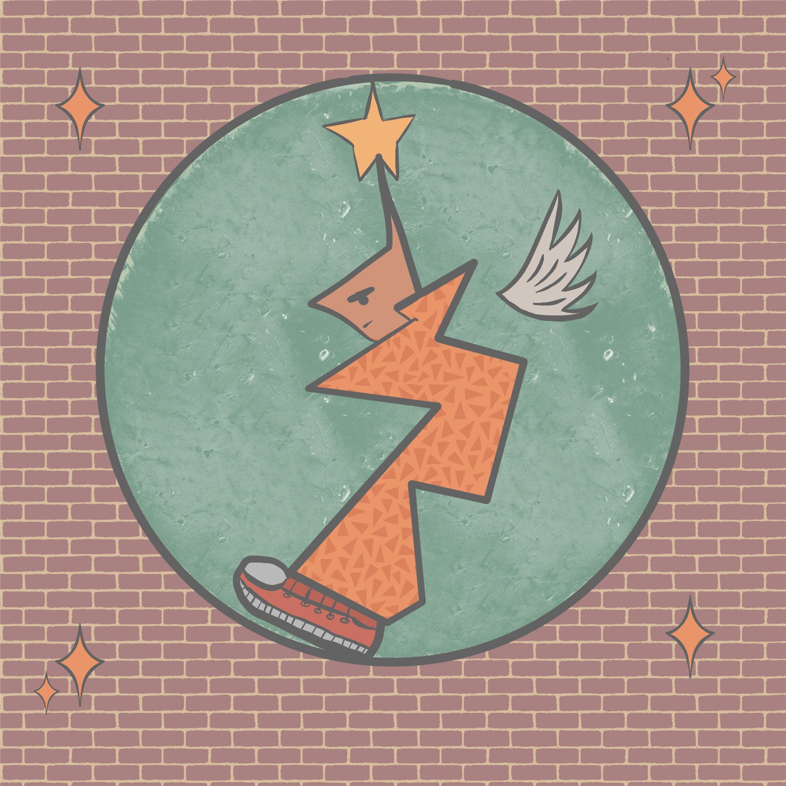 Circular badge logo of a winged figure running toward a star, on a brick wall background