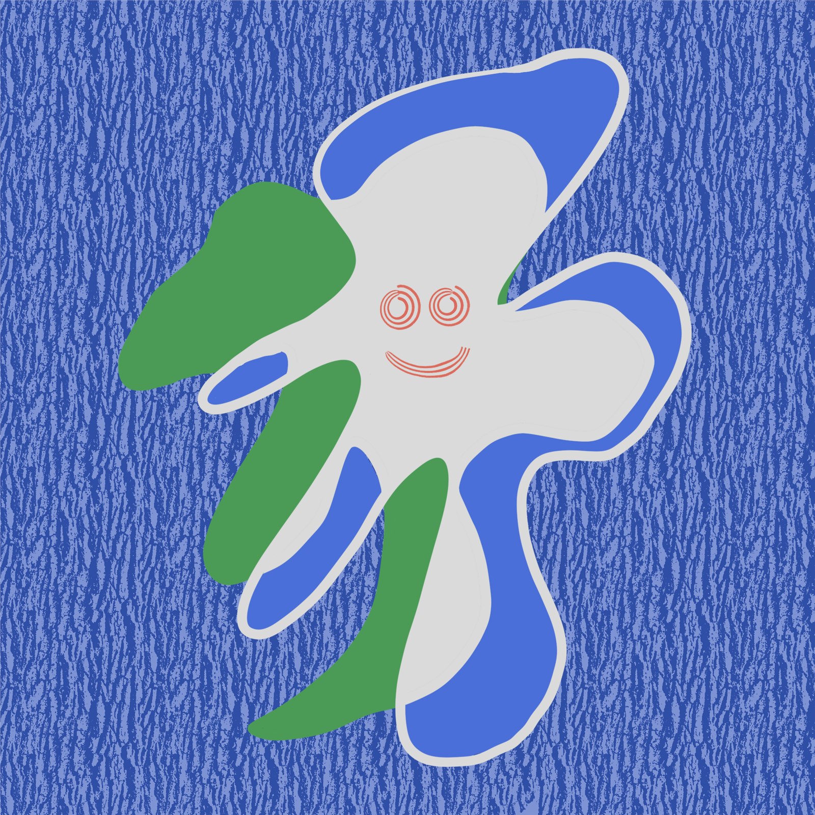 Flat-colour octopus mascot mark in blue, green and white on a textured blue background