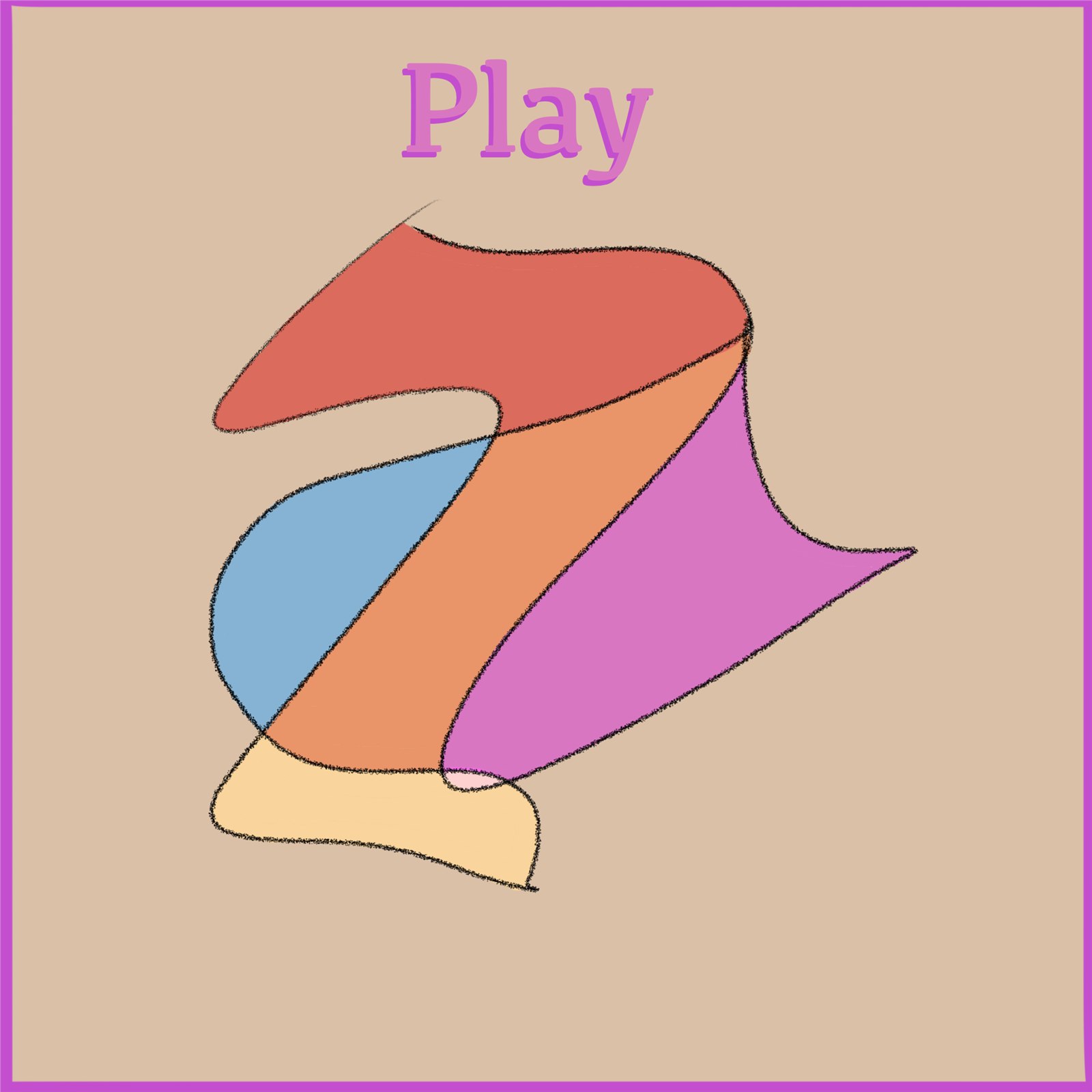Play logo: hand-drawn wordmark over a multicolour ribboned play-button shape