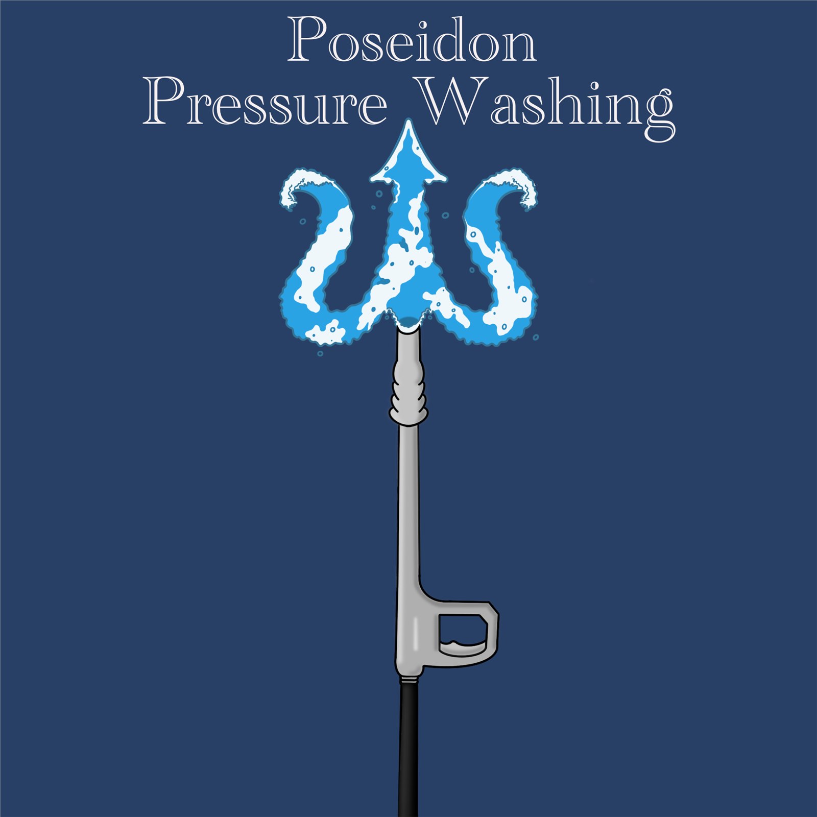 Poseidon Pressure Washing wordmark and trident logo made of stylized waves on navy