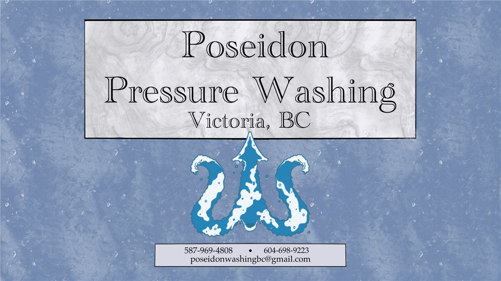 Poseidon Pressure Washing business card with wordmark, trident and contact details