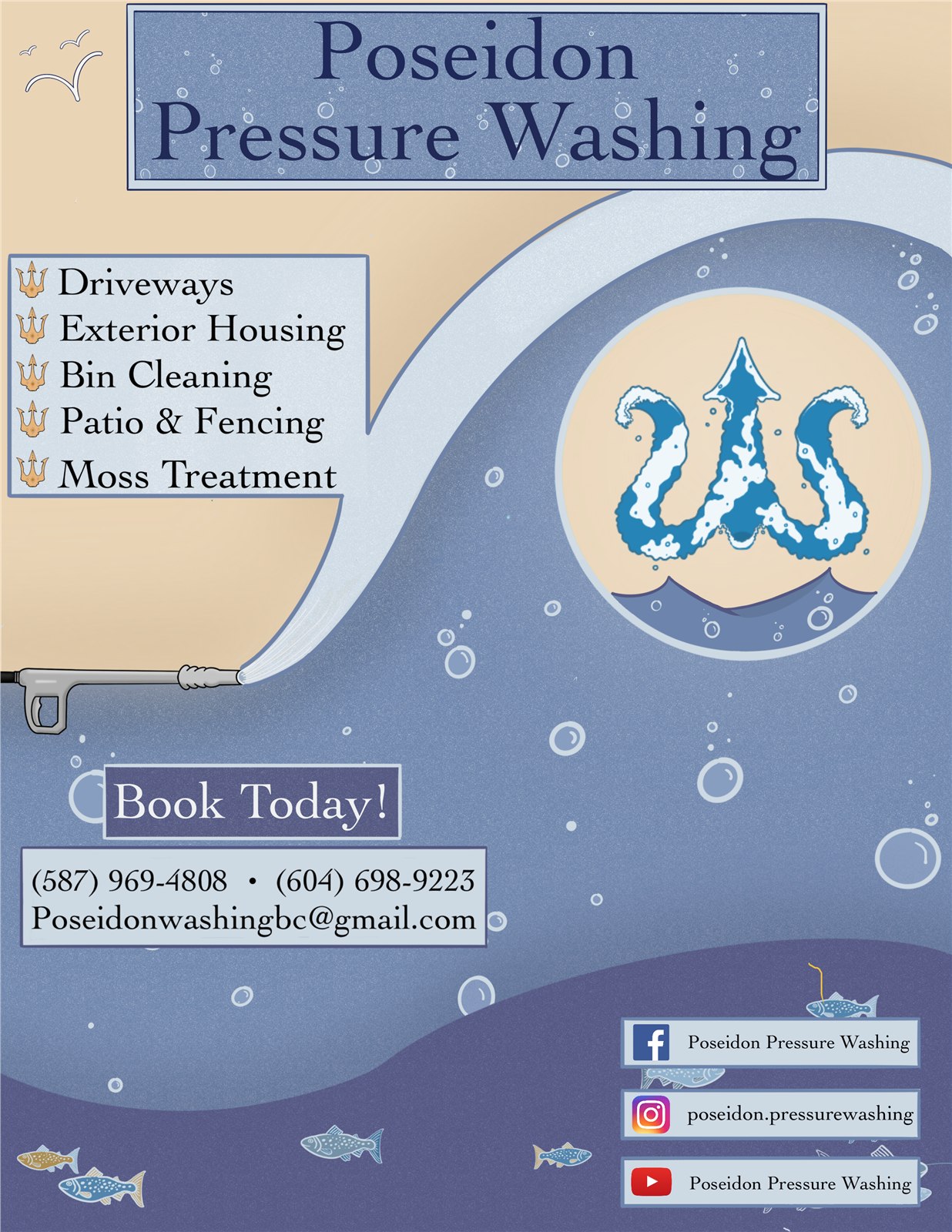 Poseidon Pressure Washing flyer with service list and contact details, restyled in blues with a trident mark