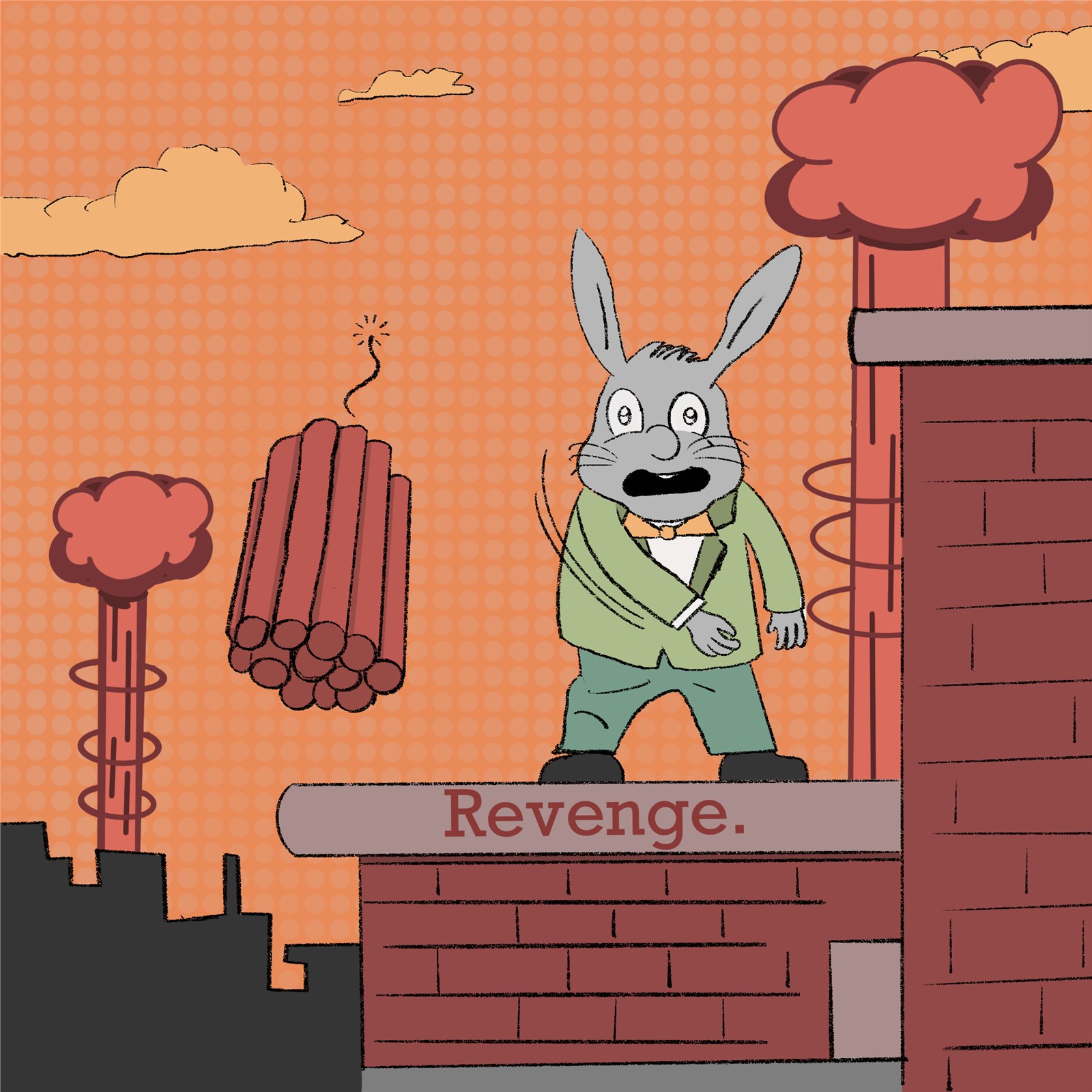 Cartoon rabbit in a green suit standing on a rooftop beside dynamite, with the word Revenge painted below
