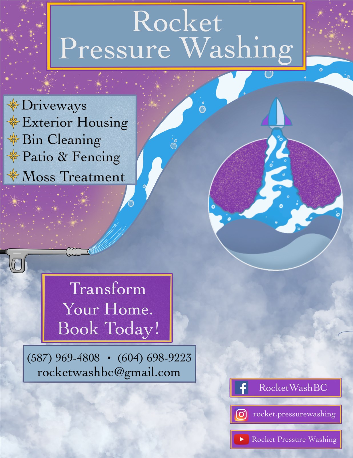 Rocket Pressure Washing flyer with the same service list on a starry purple background