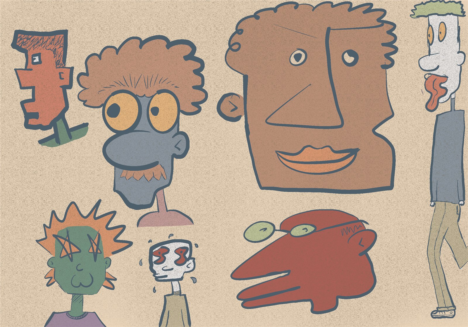 Sheet of quick character face sketches in varied styles